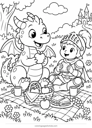 Dragon coloring page of a dragon and knight having a picnic, medium printable for ages 5-7