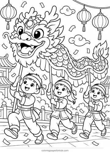 Dragon coloring page of a Lunar New Year dragon dance with lanterns, medium printable for ages 5-7