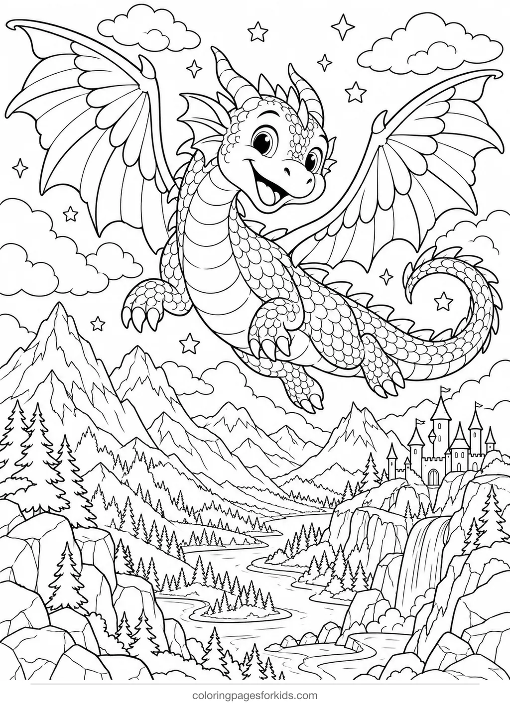 Dragon coloring page of a dragon flying over mountains and clouds, detailed printable for ages 7-10