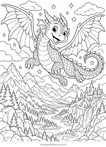 Dragon coloring page of a dragon flying over mountains and clouds, detailed printable for ages 7-10