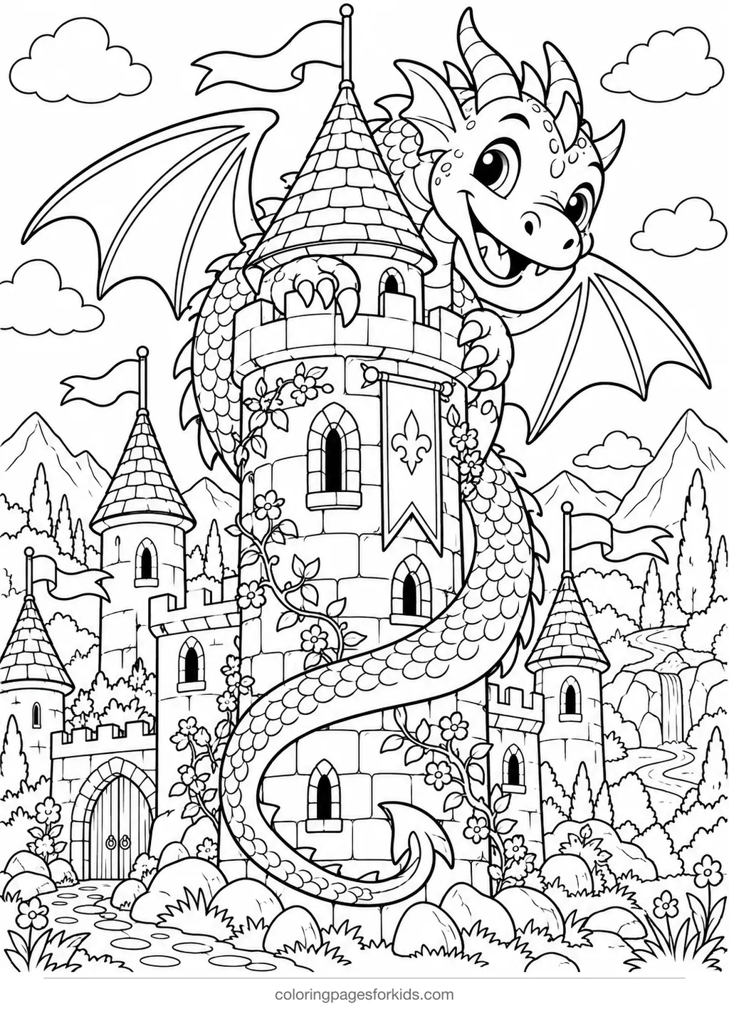 Dragon coloring page of a dragon around a castle tower, detailed printable for ages 7-10