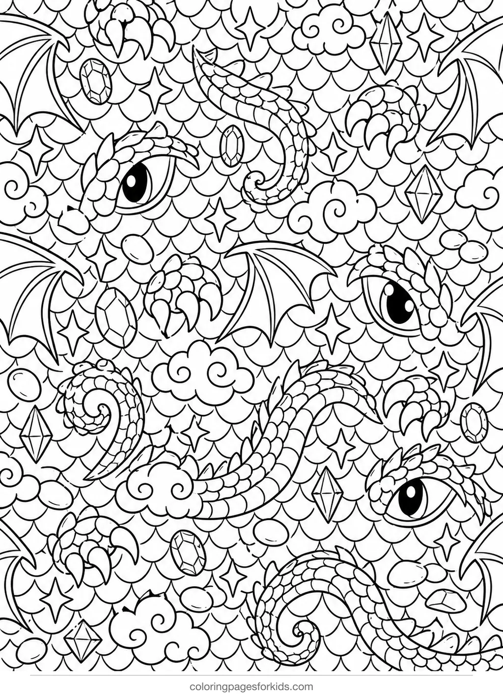 Dragon coloring page with scales, eyes and claw patterns, detailed printable for ages 7-10