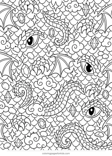 Dragon coloring page with scales, eyes and claw patterns, detailed printable for ages 7-10