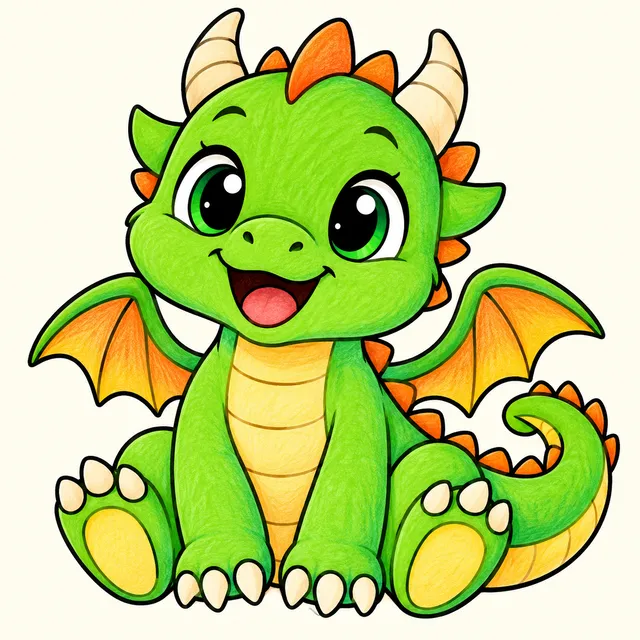 Colored example of a cute baby dragon sitting with tiny wings and a happy smile