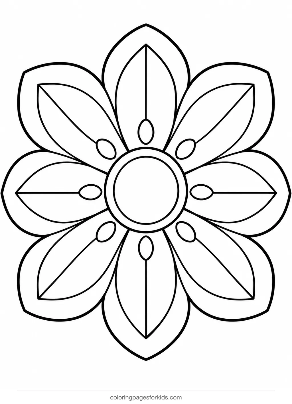 Mandala coloring page of a big flower with wide petals, easy black-and-white printable for ages 3-5