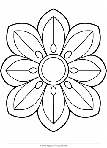Mandala coloring page of a big flower with wide petals, easy black-and-white printable for ages 3-5