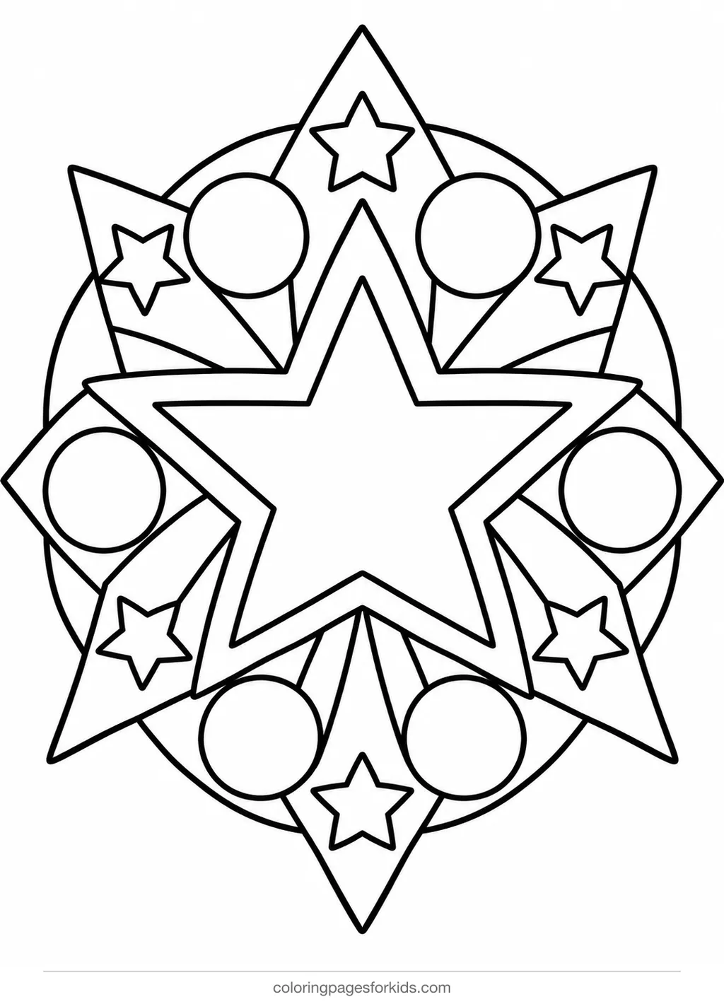 Mandala coloring page of simple stars in a circle, easy black-and-white printable for ages 3-5