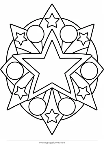 Mandala coloring page of simple stars in a circle, easy black-and-white printable for ages 3-5