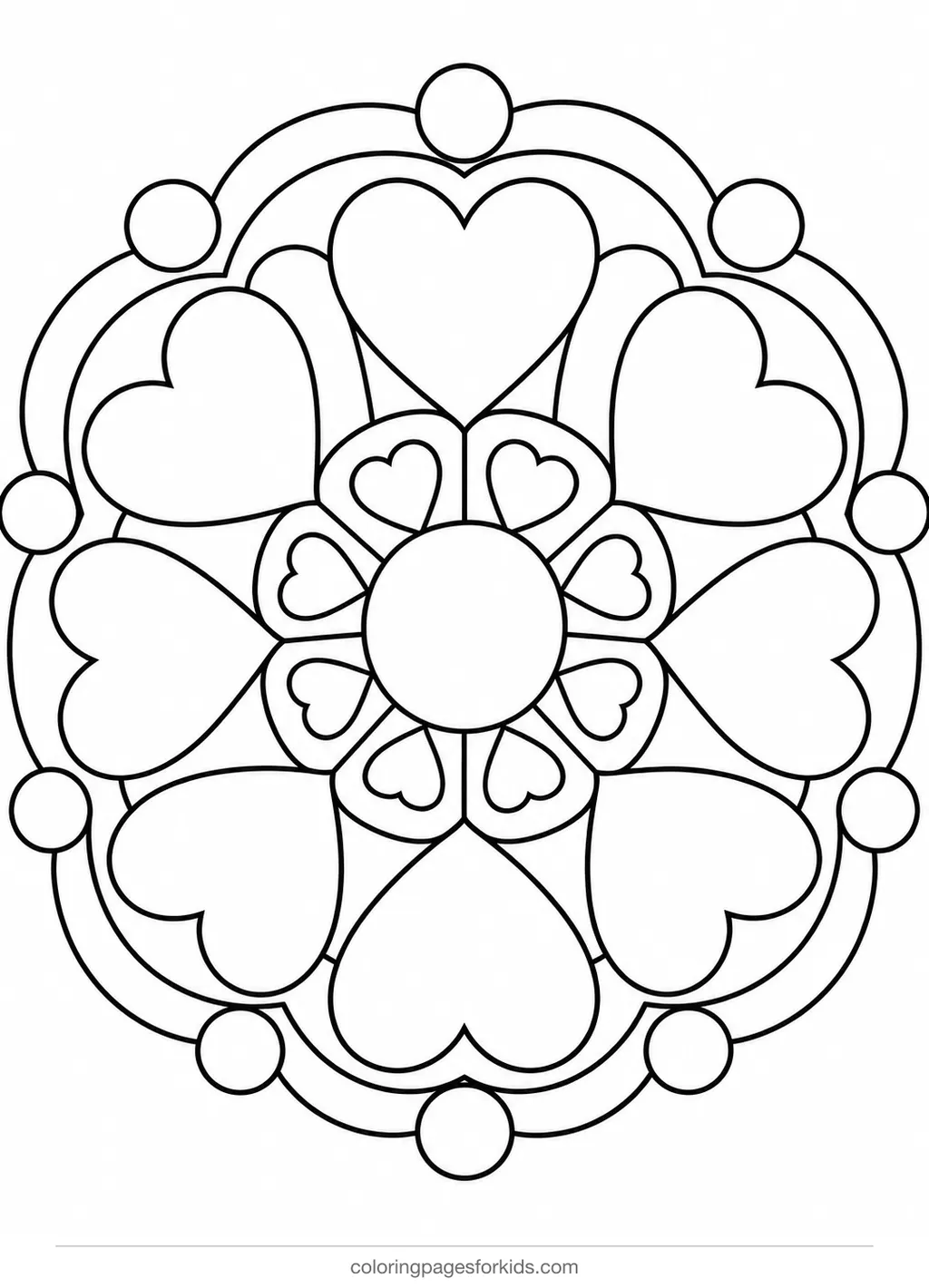 Mandala coloring page of large hearts in a circle, easy black-and-white printable for ages 3-5