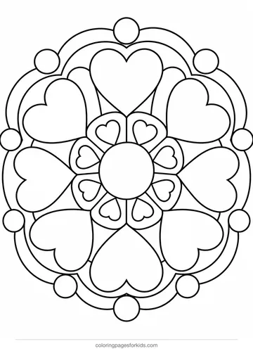 Mandala coloring page of large hearts in a circle, easy black-and-white printable for ages 3-5