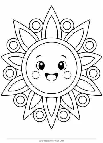 Mandala coloring page of a sun with rays and circles, easy black-and-white printable for ages 3-5