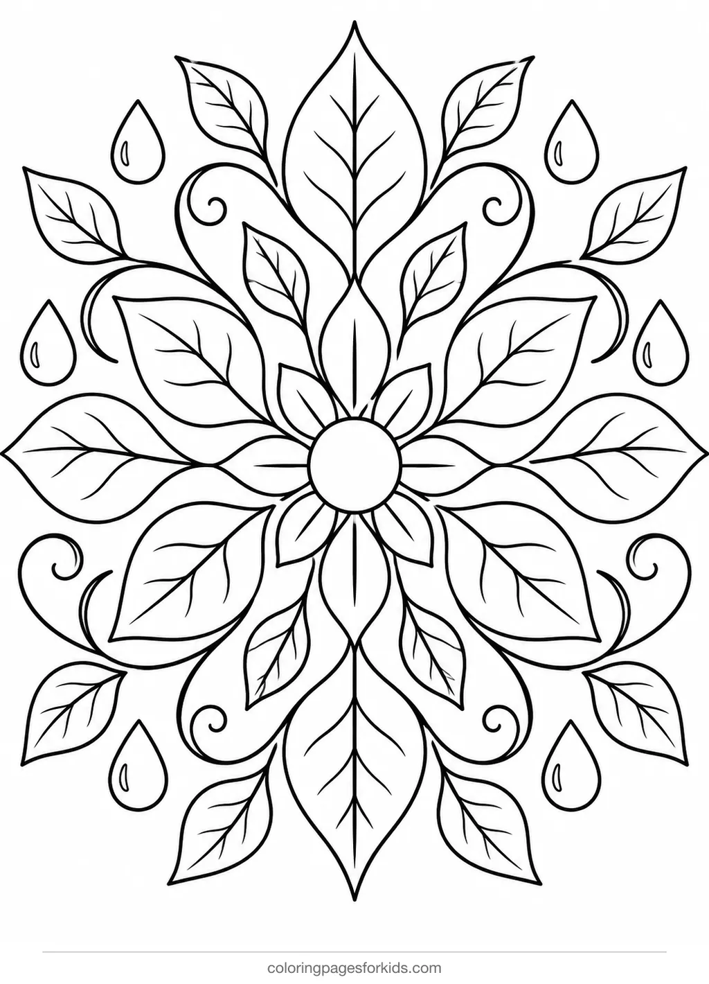 Mandala coloring page of leaves and vines in rings, medium black-and-white printable for ages 5-7