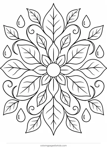 Mandala coloring page of leaves and vines in rings, medium black-and-white printable for ages 5-7