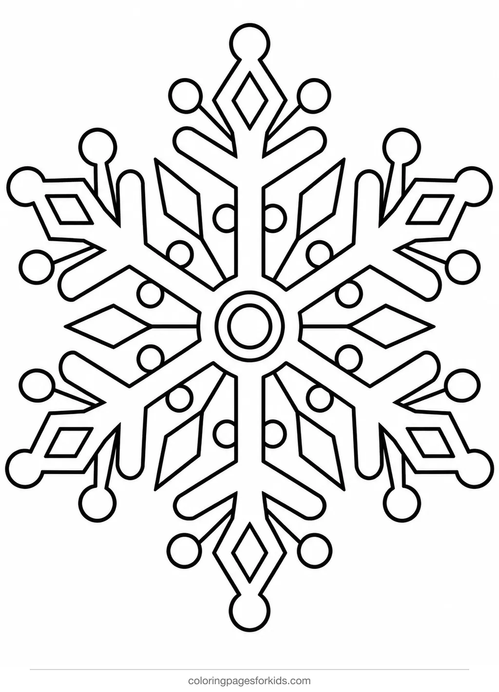 Mandala coloring page of a six-part snowflake, medium black-and-white printable for ages 5-7