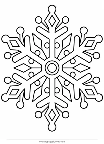 Mandala coloring page of a six-part snowflake, medium black-and-white printable for ages 5-7