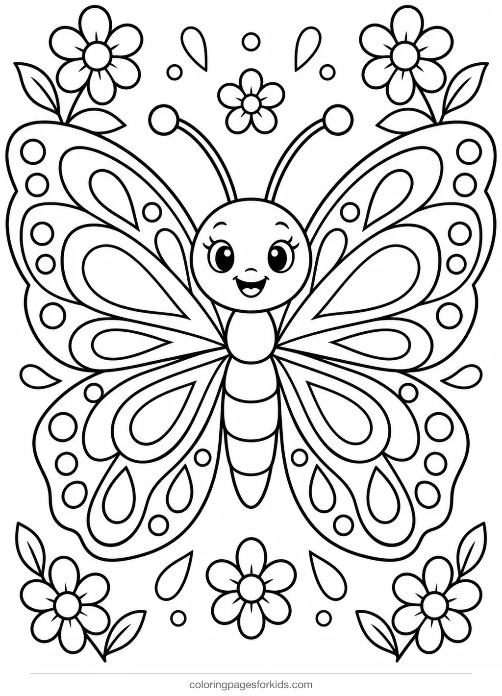 Mandala coloring page of a butterfly with patterned wings, medium printable for ages 5-7