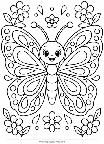 Mandala coloring page of a butterfly with patterned wings, medium printable for ages 5-7