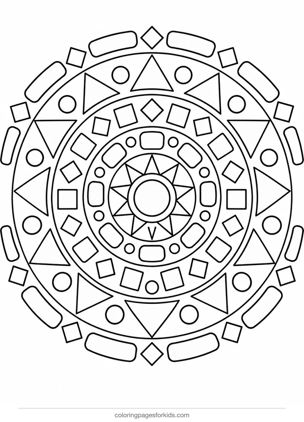Mandala coloring page of triangles, squares and circles, medium printable for ages 5-7