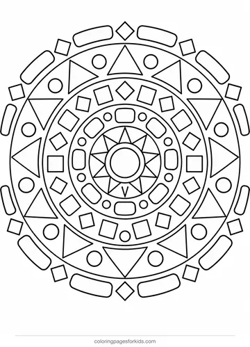 Mandala coloring page of triangles, squares and circles, medium printable for ages 5-7