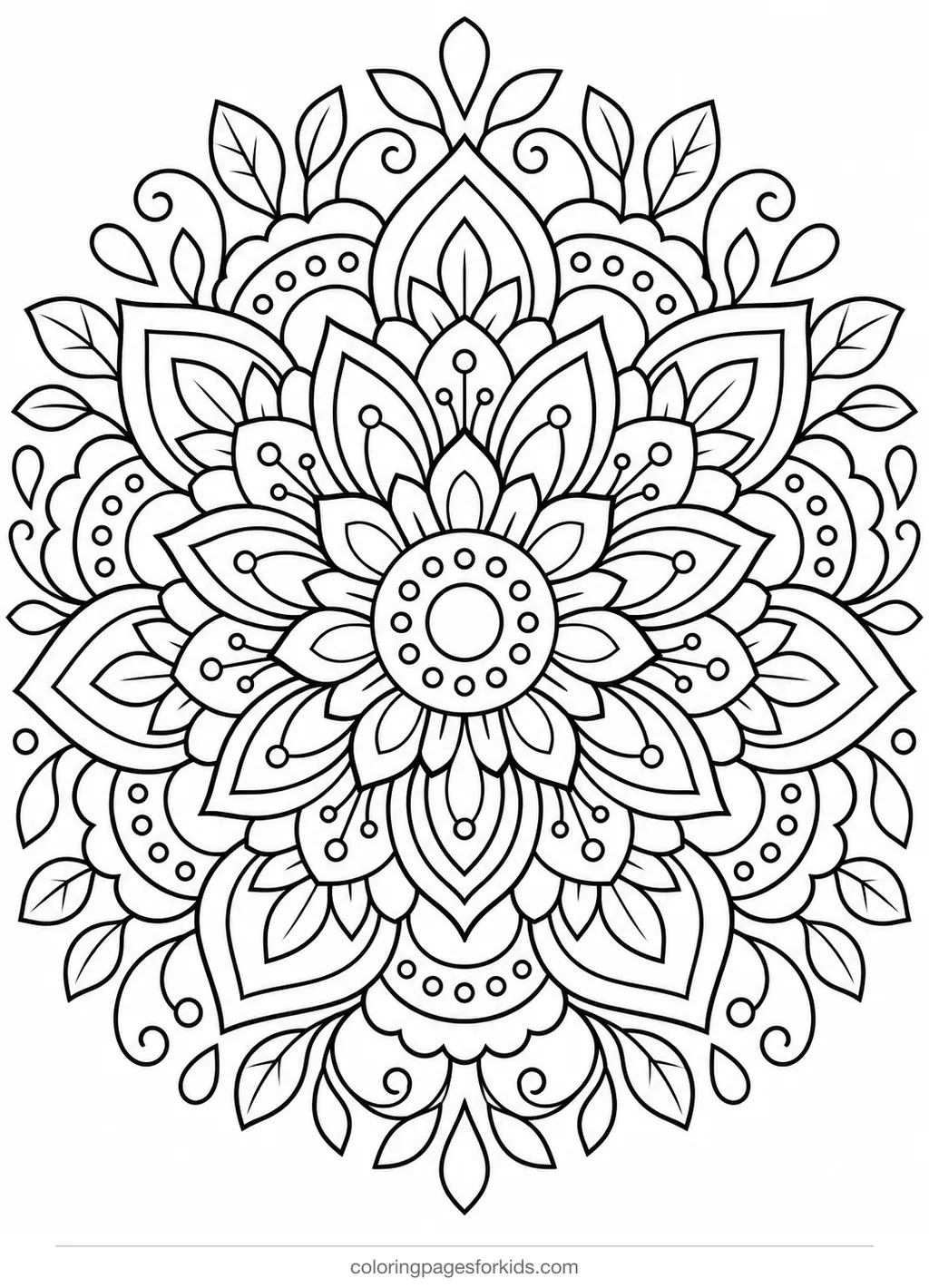 Mandala coloring page of layered flowers and small shapes, detailed printable for ages 7-10