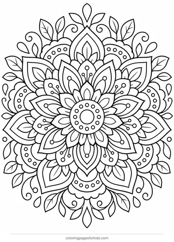 Mandala coloring page of layered flowers and small shapes, detailed printable for ages 7-10