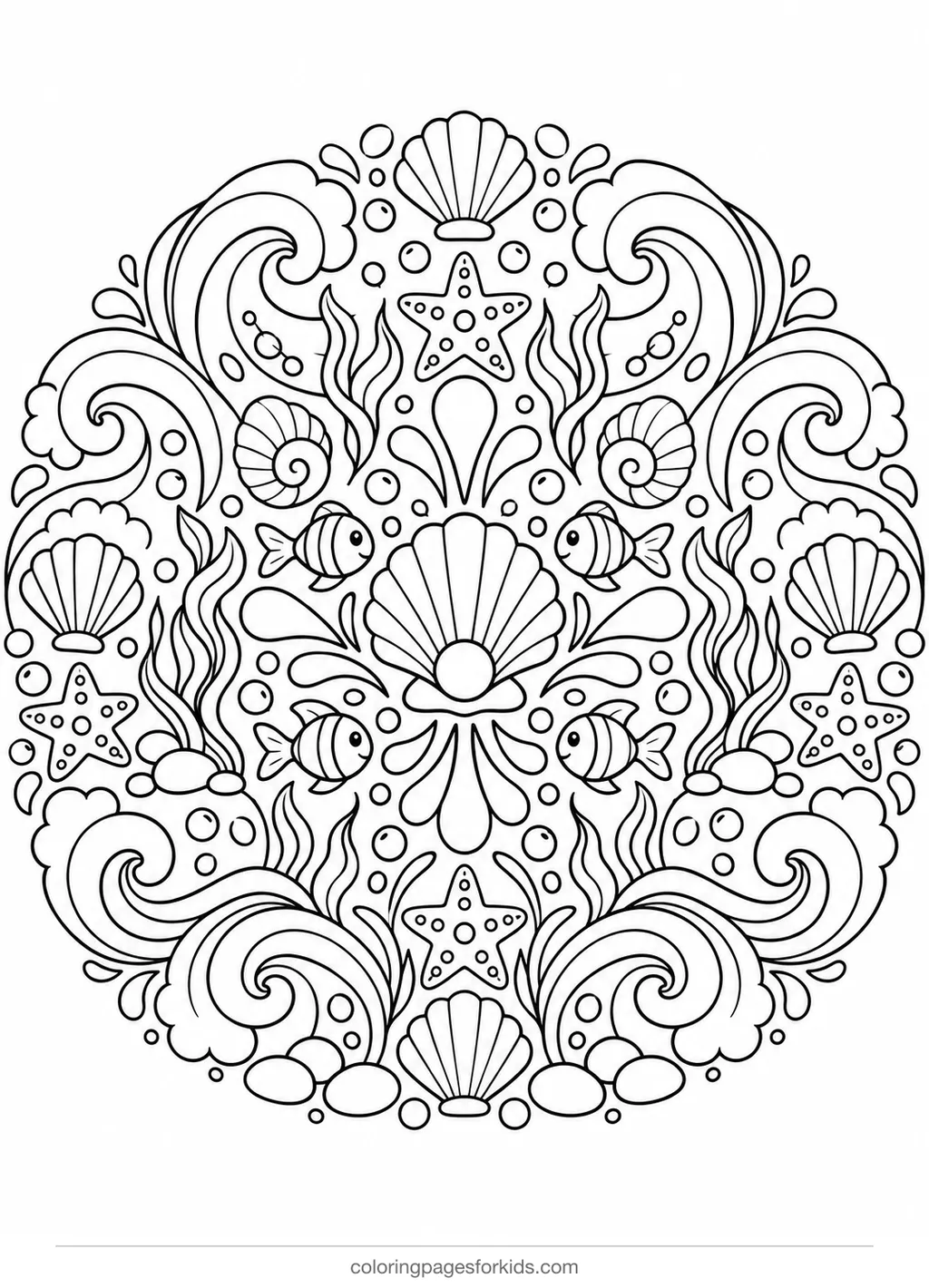 Mandala coloring page of waves, shells and fish, detailed black-and-white printable for ages 7-10