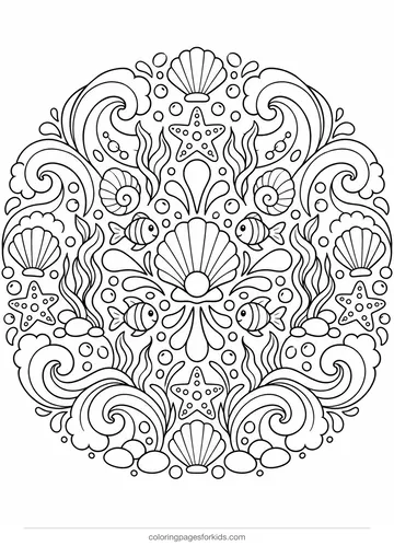 Mandala coloring page of waves, shells and fish, detailed black-and-white printable for ages 7-10