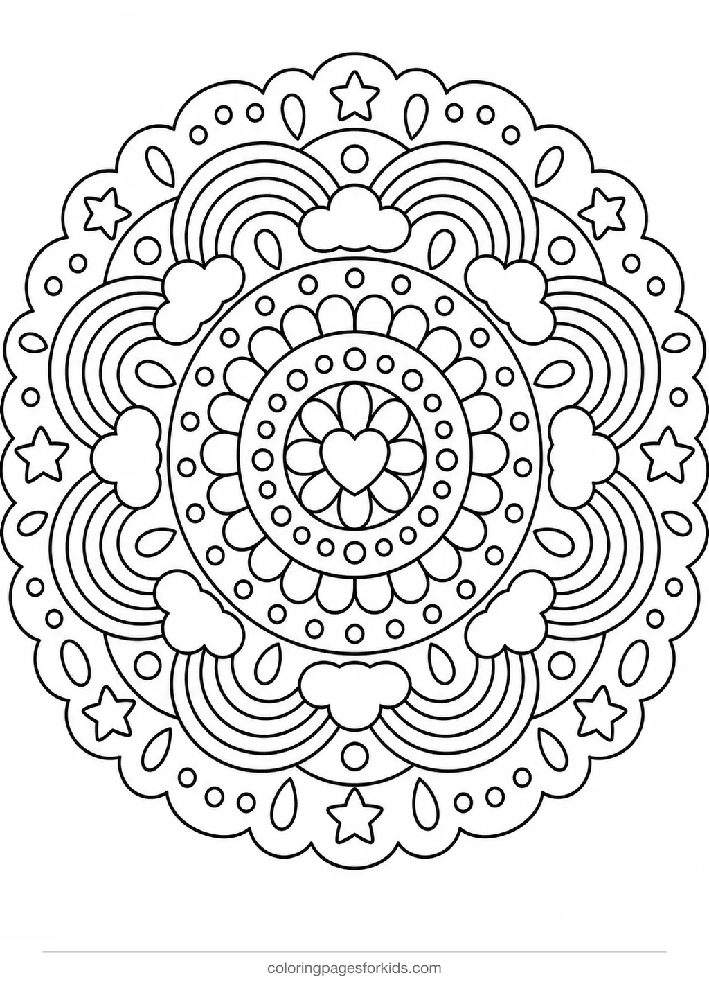Mandala coloring page of arches, dots and scallops, detailed printable for ages 7-10