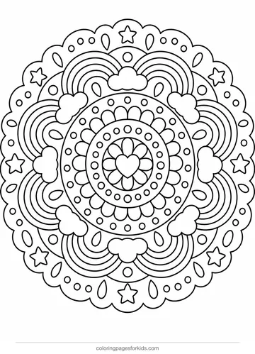 Mandala coloring page of arches, dots and scallops, detailed printable for ages 7-10