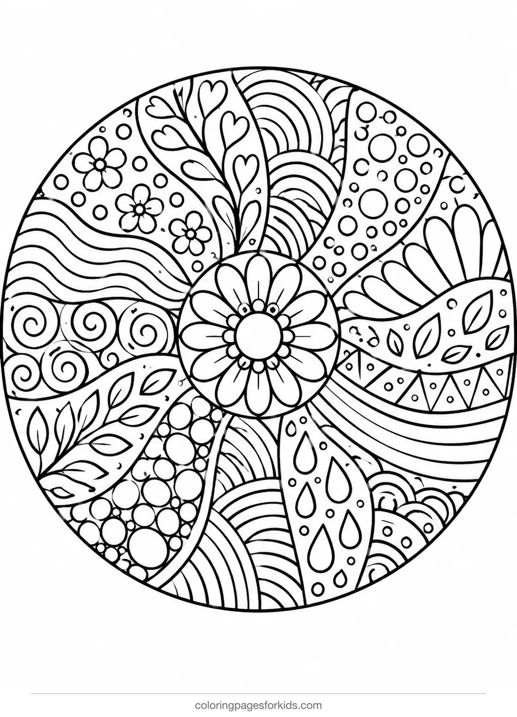 Mandala coloring page of doodle pattern zones, detailed black-and-white printable for ages 7-10