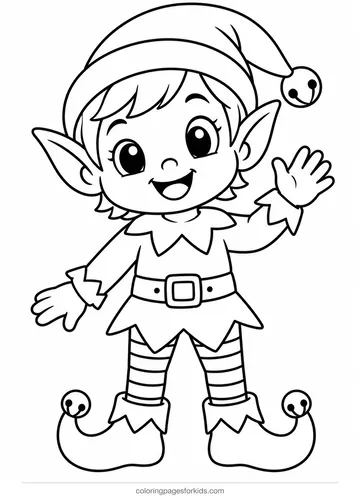 Elf coloring page of a smiling elf waving, easy black-and-white printable for ages 3-5