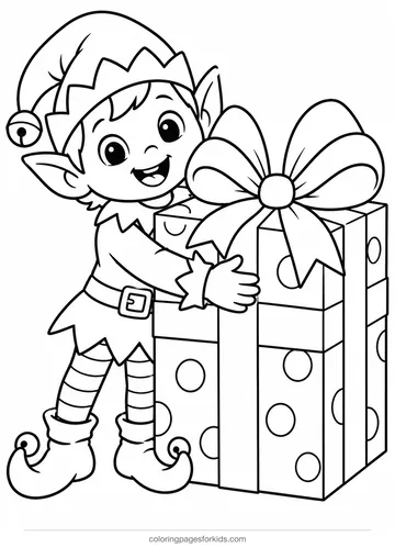 Elf coloring page of an elf hugging a giant present, easy printable for ages 3-5