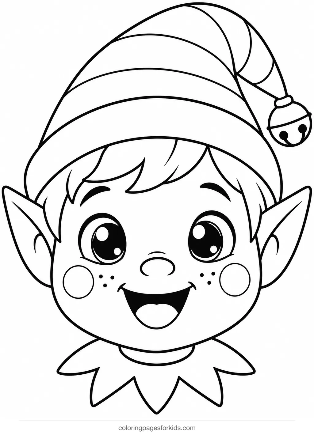 Elf coloring page of a happy elf face in a bell hat, easy printable for ages 3-5