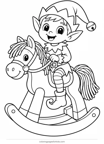 Elf coloring page of an elf riding a toy rocking horse, easy printable for ages 3-5