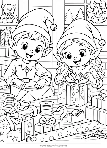 Elf coloring page of two elves wrapping gifts at a table, medium printable for ages 5-7