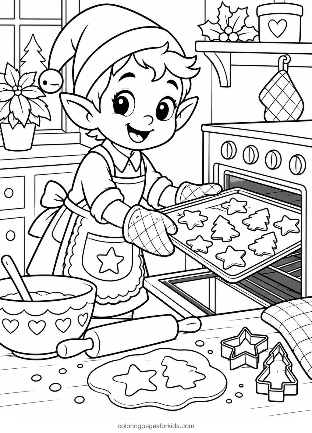 Elf coloring page of an elf baking Christmas cookies, medium printable for ages 5-7