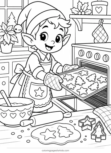 Elf coloring page of an elf baking Christmas cookies, medium printable for ages 5-7