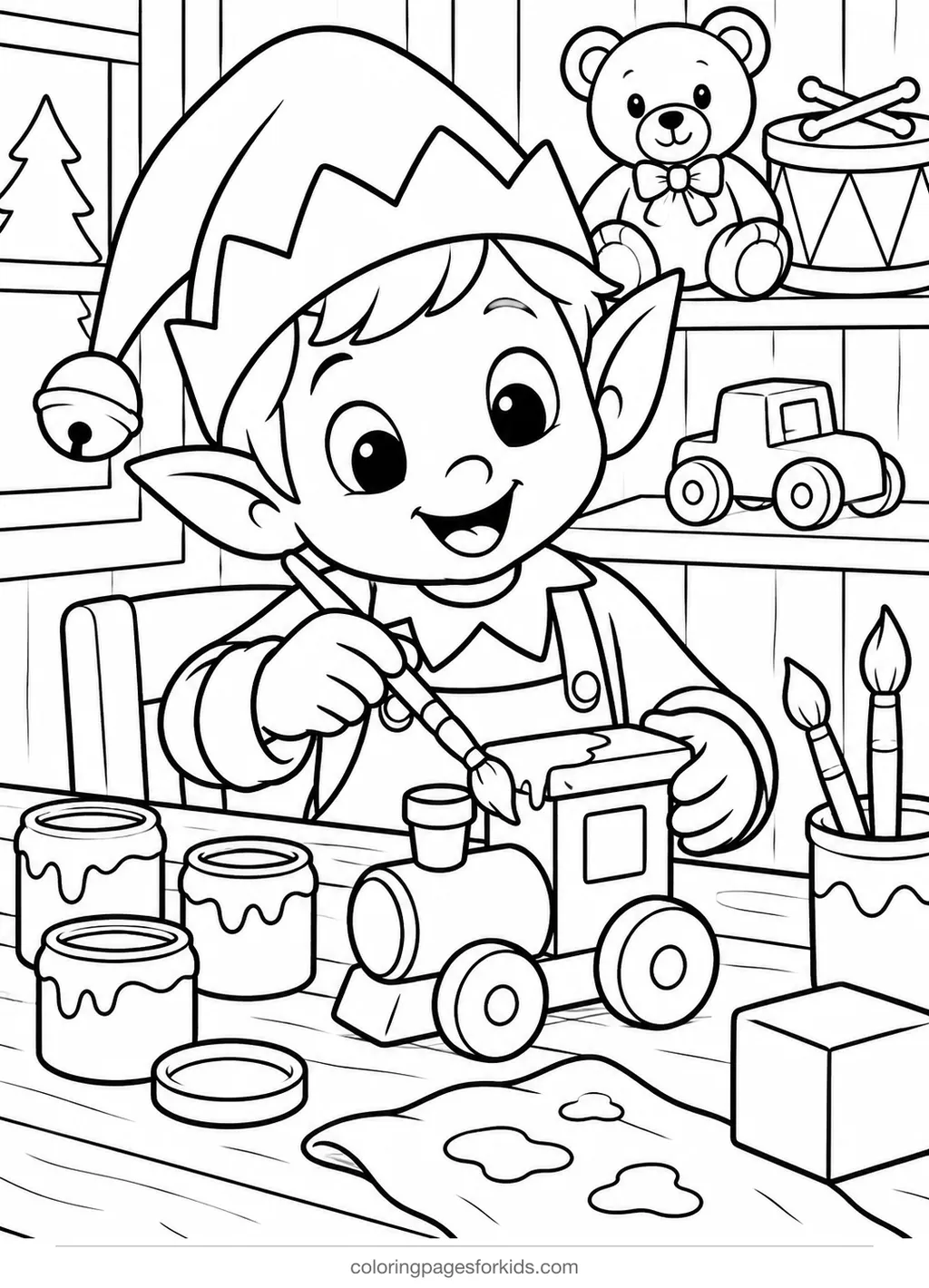 Elf coloring page of an elf painting a toy train, medium printable for ages 5-7
