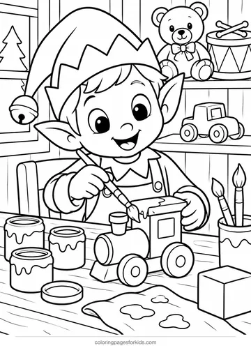 Elf coloring page of an elf painting a toy train, medium printable for ages 5-7