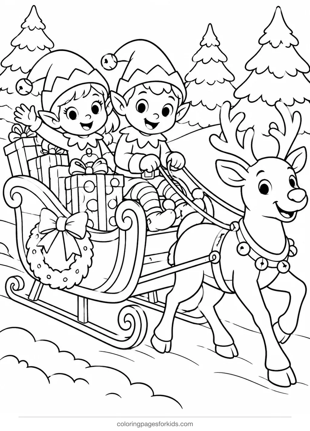 Elf coloring page of elves riding in Santa's sleigh, medium printable for ages 5-7
