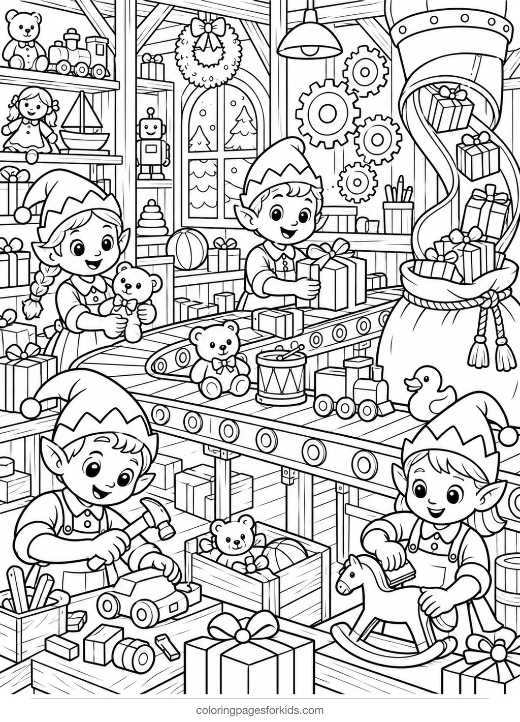 Elf coloring page of a busy toy workshop conveyor belt, detailed printable for ages 7-10