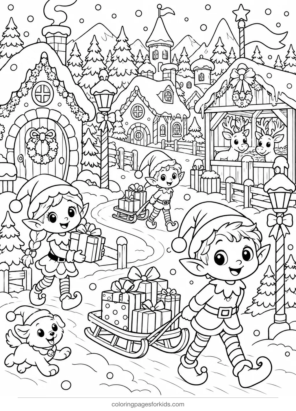 Elf coloring page of a North Pole elf village, detailed printable for ages 7-10