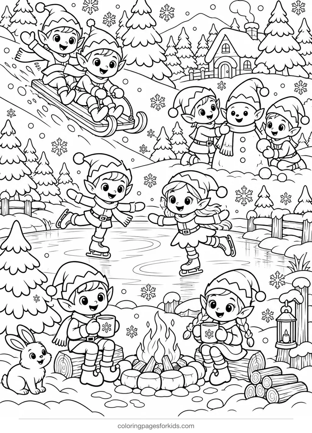 Elf coloring page of elves sledding and skating, detailed printable for ages 7-10