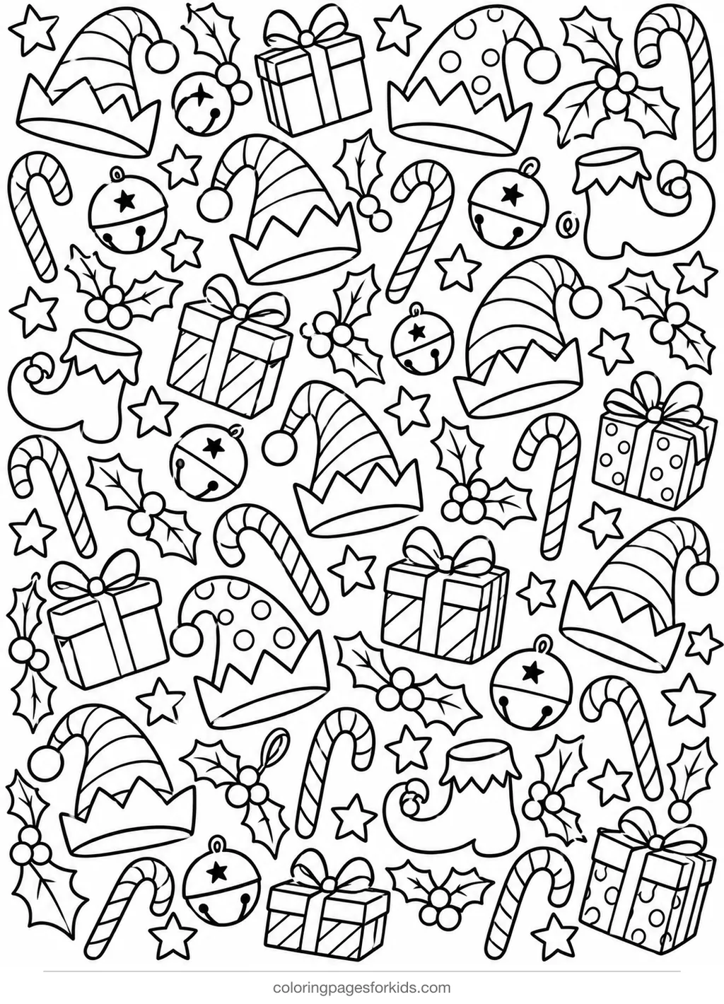 Elf coloring page of hats shoes bells and gifts in a pattern, detailed printable for ages 7-10
