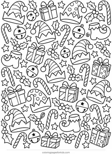 Elf coloring page of hats shoes bells and gifts in a pattern, detailed printable for ages 7-10