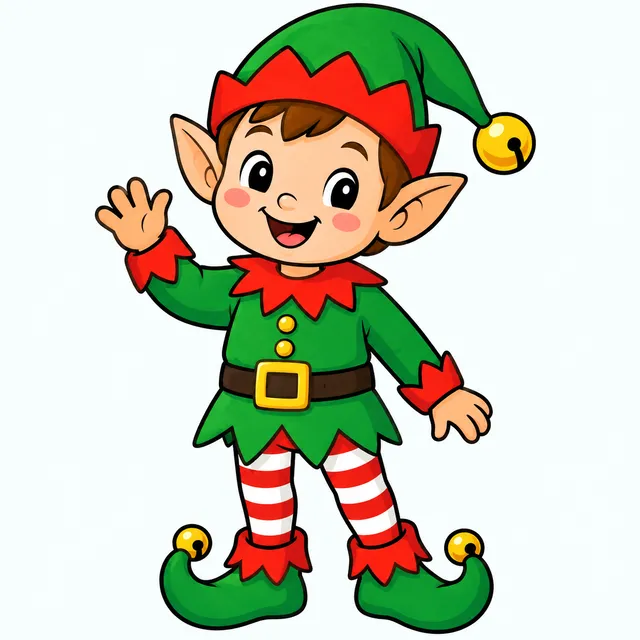 Colored example of a cute Christmas elf waving with a bell hat and curly shoes