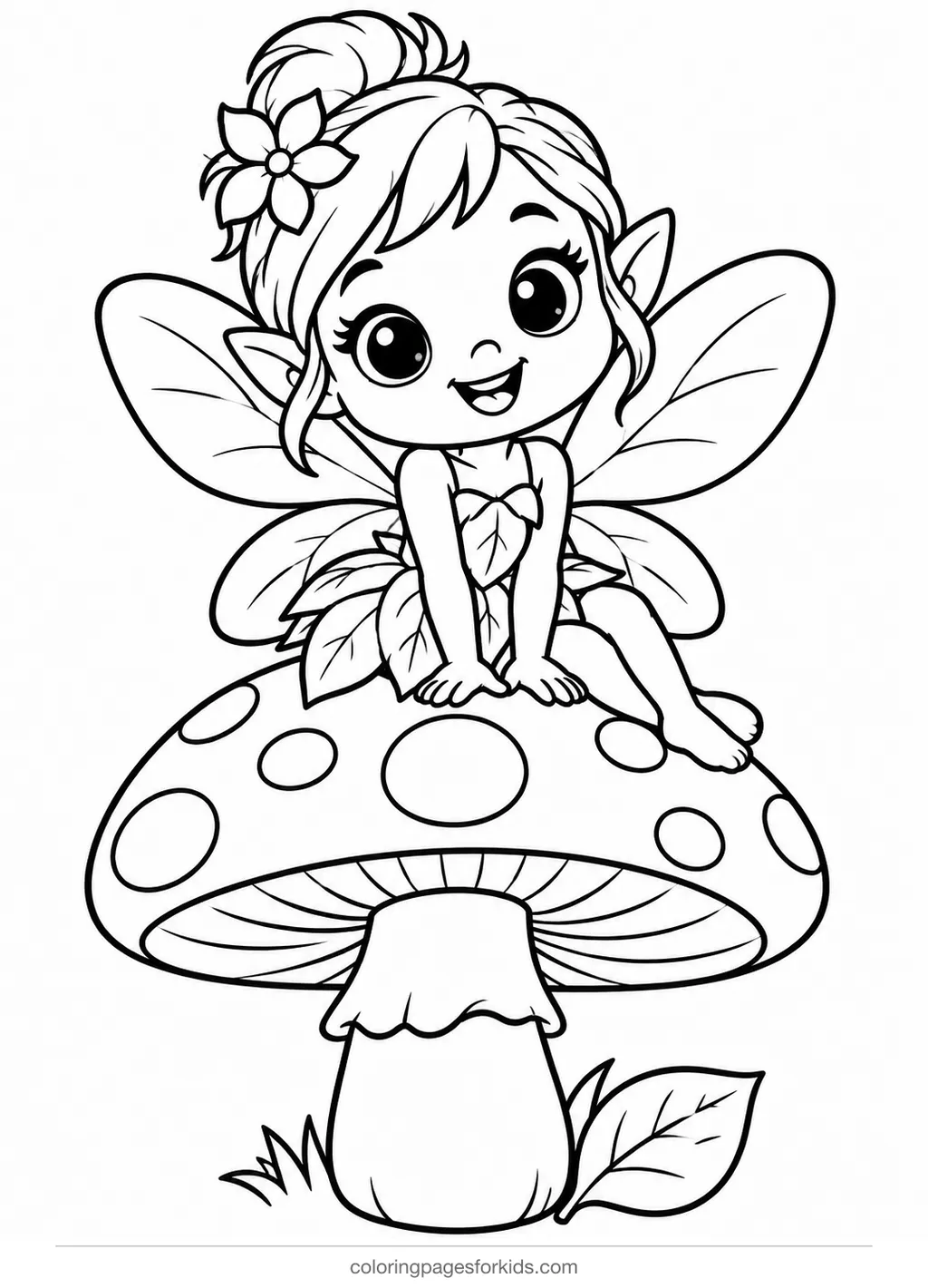 Fairy coloring page of a tiny fairy sitting on a mushroom, easy black-and-white printable for ages 3-5