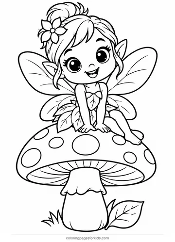 Fairy coloring page of a tiny fairy sitting on a mushroom, easy black-and-white printable for ages 3-5