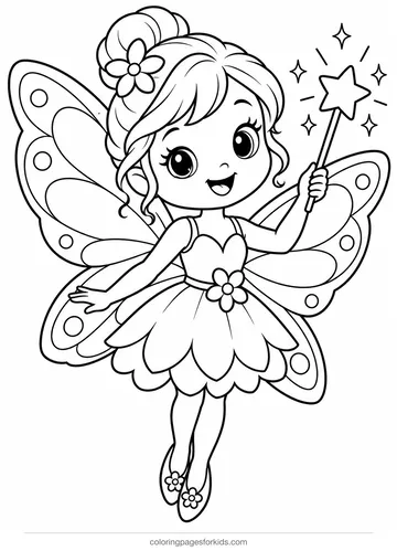 Fairy coloring page of a smiling fairy with butterfly wings and wand, easy printable for ages 3-5