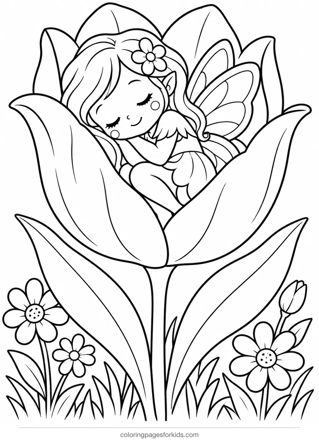 Fairy coloring page of a flower fairy sleeping in a tulip, medium printable for ages 5-7